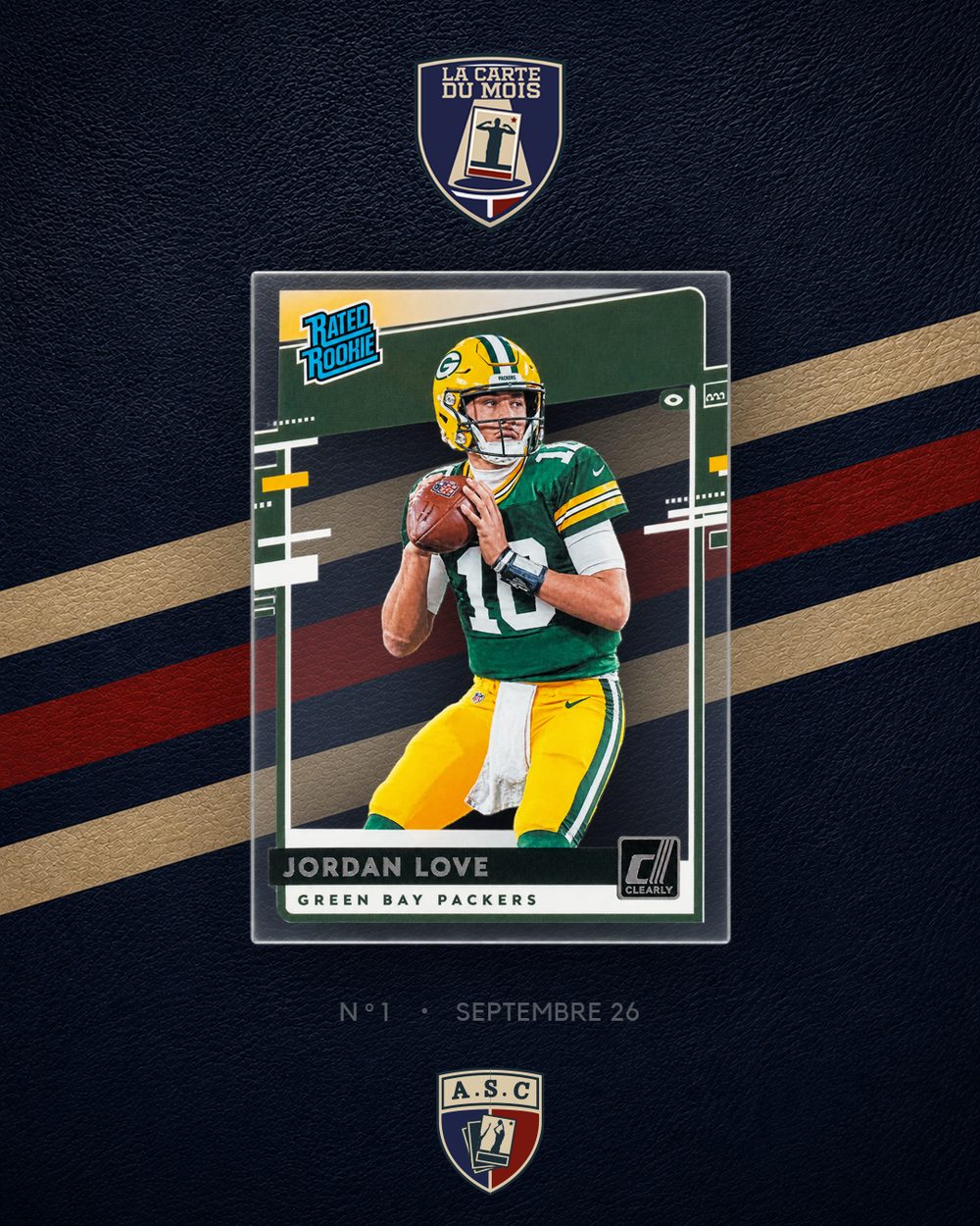 Jordan Love, carte 2020 Panini Chronicles Clearly Donruss Rated Rookies, imprimée sur acétate transparent